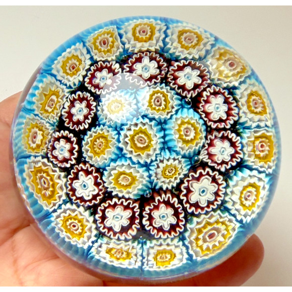 Murano Art Glass Millefiori Paperweight Blue Red Yellow Tightly Packed Canes - Picture 4 of 5